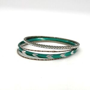 Stackable Green and Silver Tone Textured Bangle Bracelet Set of 4